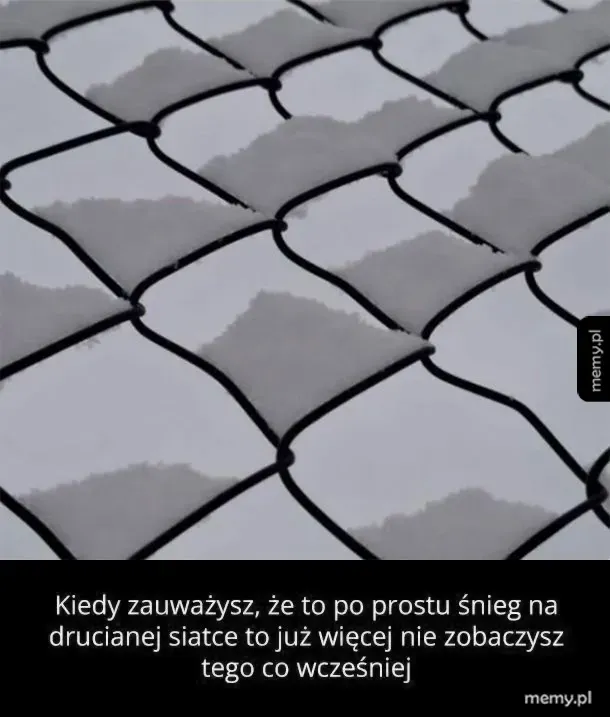 Snieg na drucianej siatce ogrodzeniowej tworzący iluzję optyczną