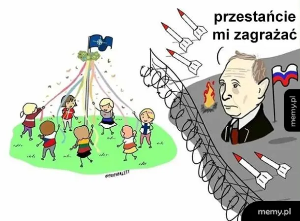 Rysunek satyryczny: dzieci tańczące wokół słupa NATO i Putin za drutem kolczastym z rakietami.