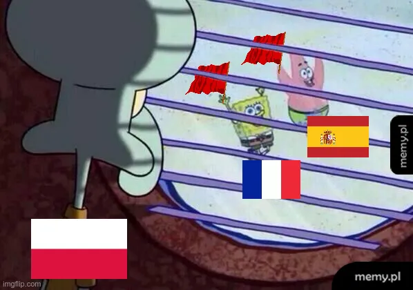 Skalmar patrzy z zazdrością przez okno na bawiącego się SpongeBoba i Patryka z flagami.