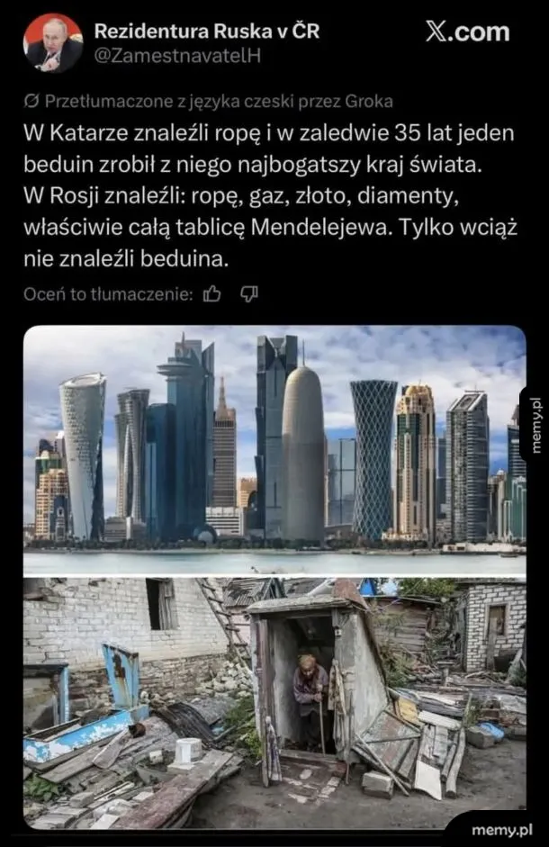 Mem porównujący nowoczesny Katar z ubogą rosyjską wsią.