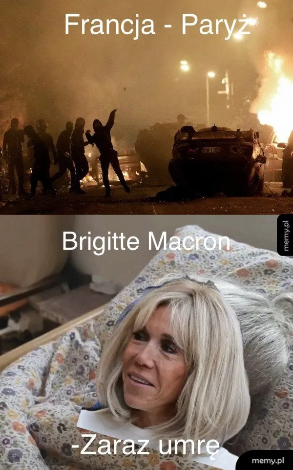 Mem z zamieszkami w Paryżu i wklejoną twarzą Brigitte Macron w łóżku