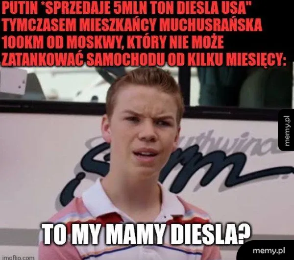 Mem z młodym mężczyzną o zszokowanej minie i napisem o paliwie w Rosji.