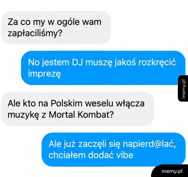 Zrzut ekranu z rozmowy tekstowej na temat muzyki na weselu.
