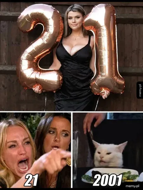 Kobieta trzymająca balony z liczbą 21 oraz mem z krzyczącą kobietą i kotem