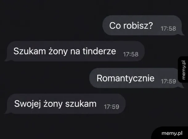 Zrzut ekranu z czatu SMS z zabawną rozmową o szukaniu żony na Tinderze.