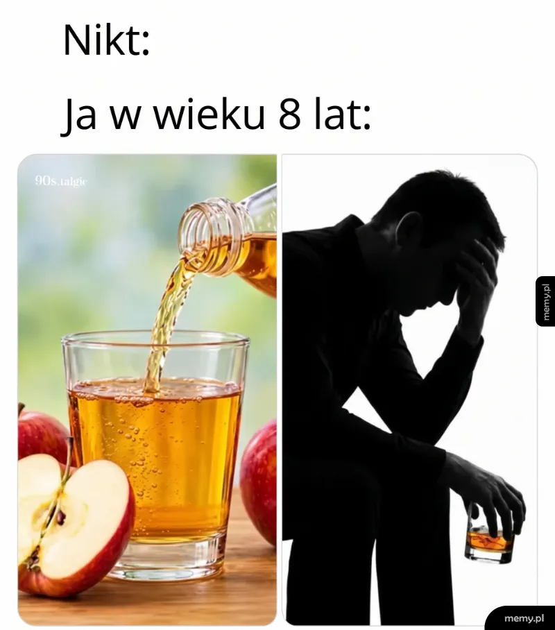 Mem z sokiem jabłkowym i sylwetką załamanego człowieka.
