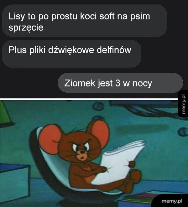 Mem z wiadomościami tekstowymi i myszką Jerry czytającą w nocy.