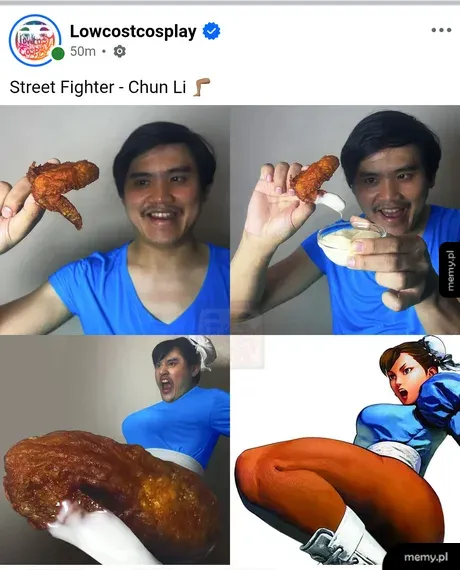 Cosplay Chun-Li z gry Street Fighter przy użyciu skrzydełka z kurczaka.