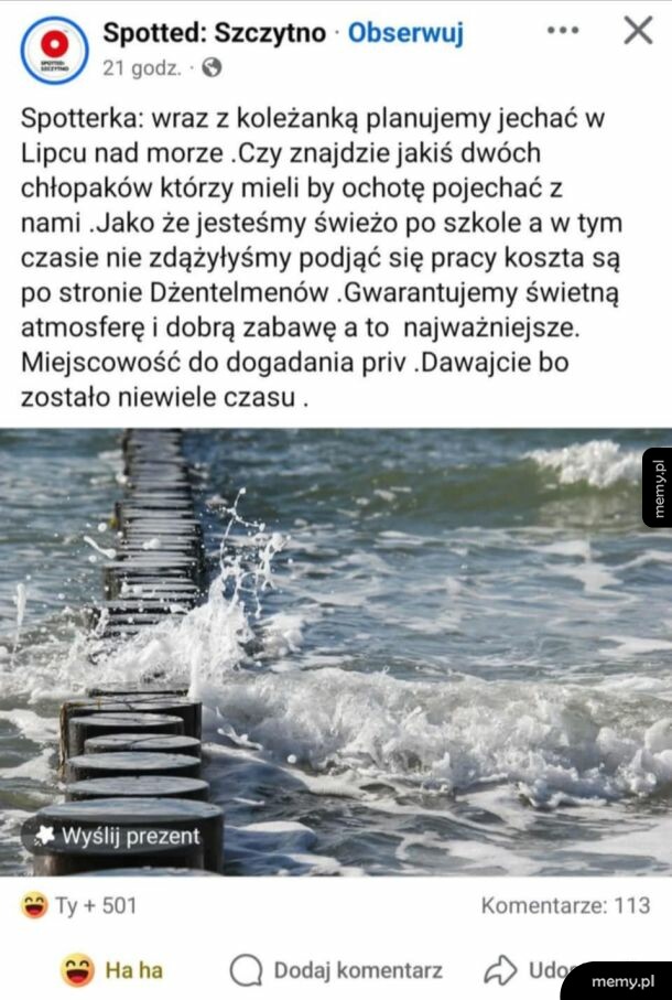 Zrzut ekranu z postu ze strony Spotted Szczytno z ofertą wyjazdu nad morze.