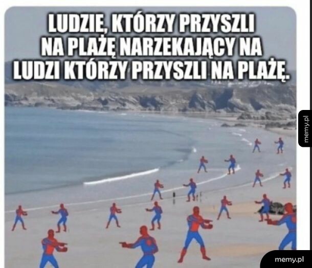 Mem z wieloma postaciami Spider-Mana na plaży nawiązujący do popularnego mema ze wskazywaniem.
