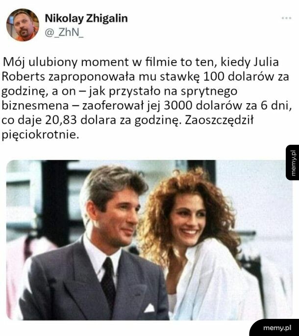 Tweet o filmie Pretty Woman z Richardem Gere i Julią Roberts oraz kadr z filmu.