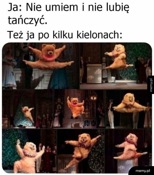 Kolaż przedstawiający tańczącego, pluszowego misia w różnych dynamicznych pozach baletowych.