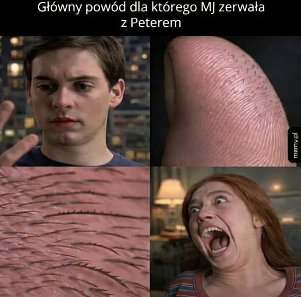 Mem z Peterem Parkerem i przerażoną MJ nawiązujący do zdolności pająka.