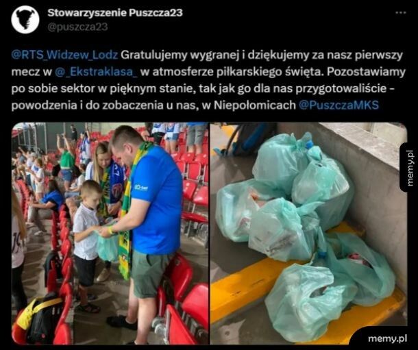 Kibice Puszczy Niepołomice po swoim pierwszym wyjazdowym meczu w Ekstraklasie posprzątali sektor na którym siedzieli.