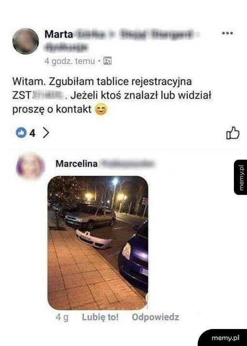 Zgubiona tablica rejestracyjna