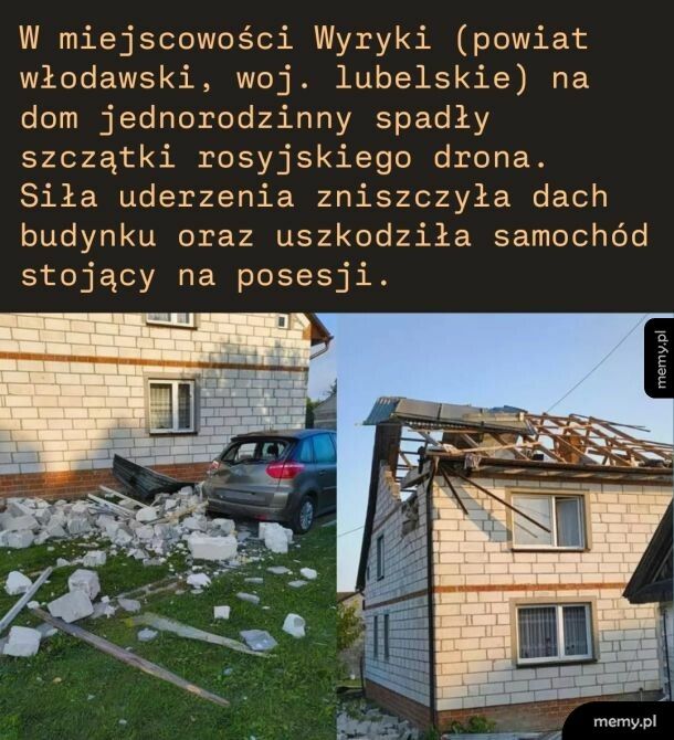 W miejscowości Wyryki na dom spadły szczątki rosyjskiego drona