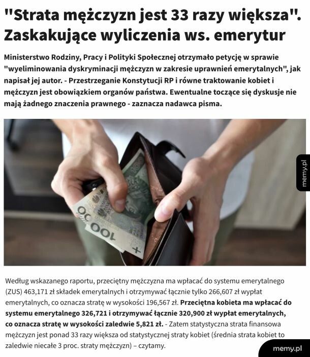 Średnia strata mężczyzn w polskim systemie emerytalnym 33 razy większa